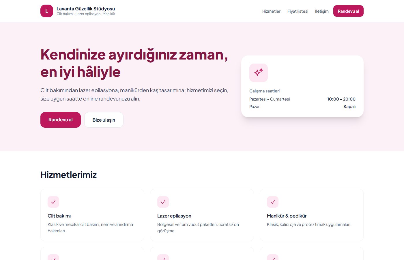 Lavanta Güzellik Stüdyosu örnek web sitesi ekran görüntüsü