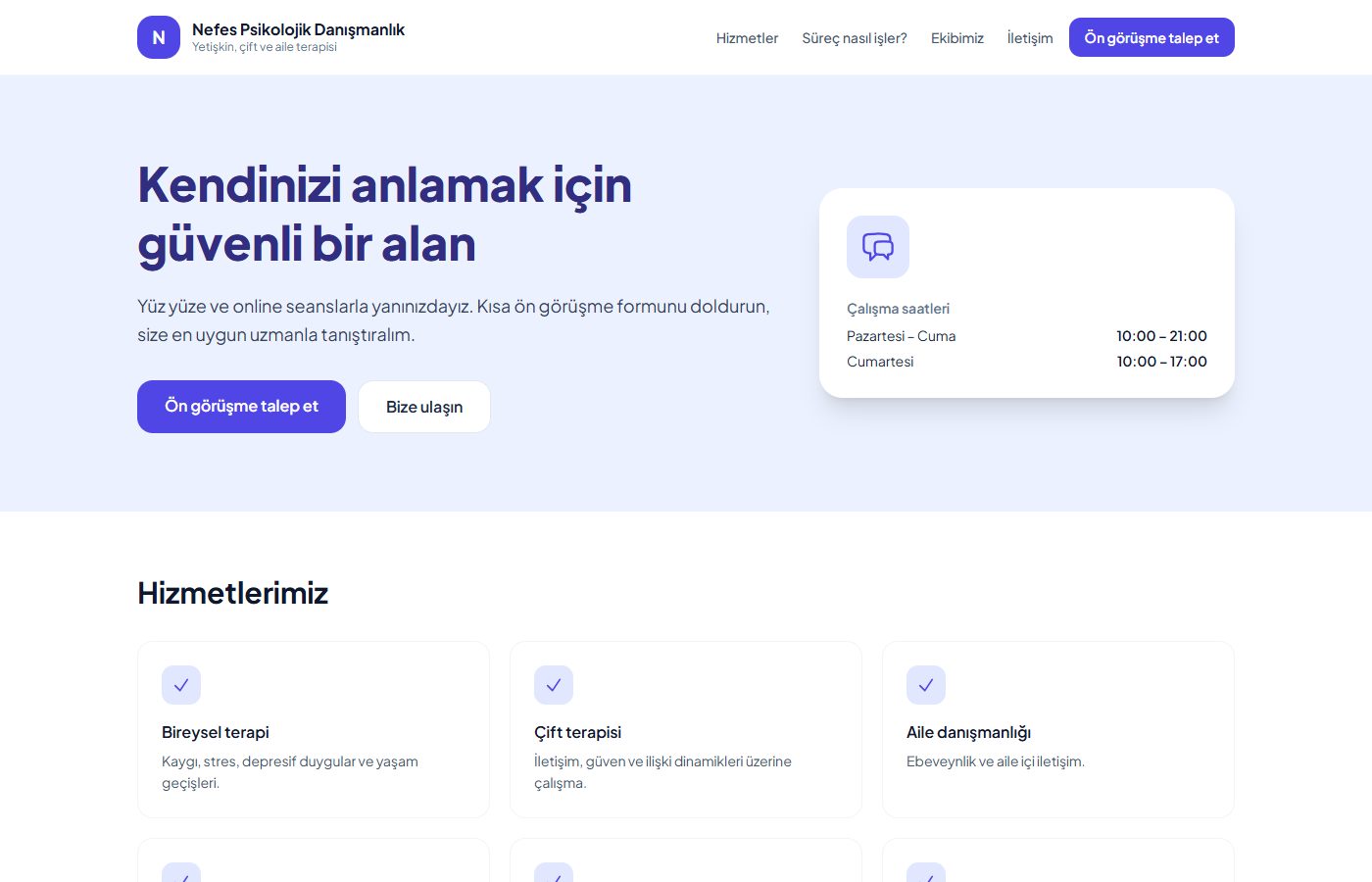 Nefes Psikolojik Danışmanlık örnek web sitesi ekran görüntüsü