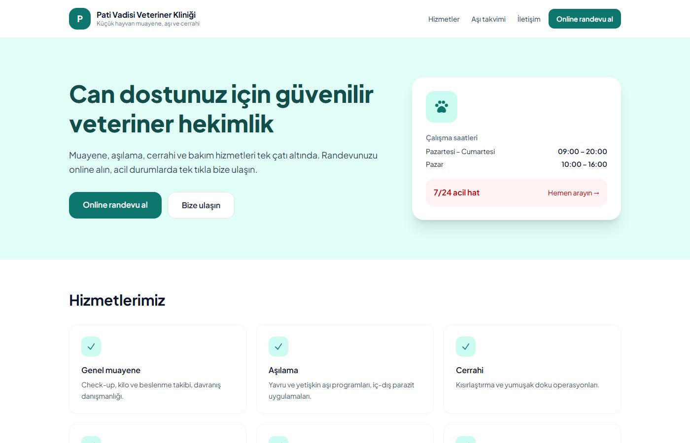 Pati Vadisi Veteriner Kliniği örnek web sitesi ekran görüntüsü
